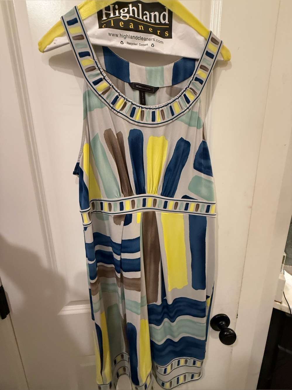 BCBGMAXAZRIA Abstract Print Sleeveless Maxi Dress Blue Yellow Size L